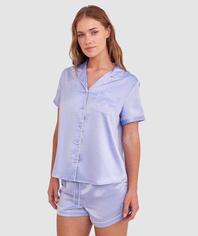 Liquid Satin Short Sleeve Shirt - Pale Blue/Embro