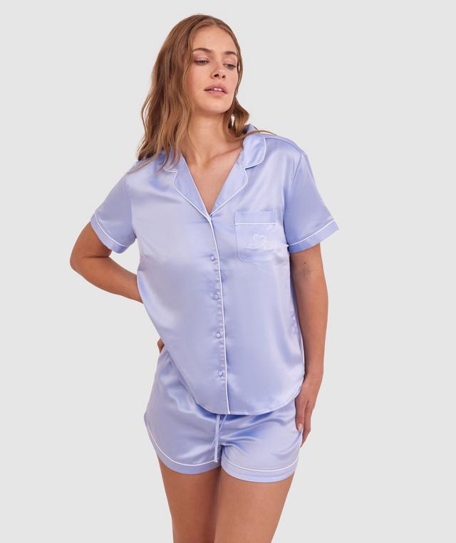 Liquid Satin Short Sleeve Shirt - Pale Blue/Embro