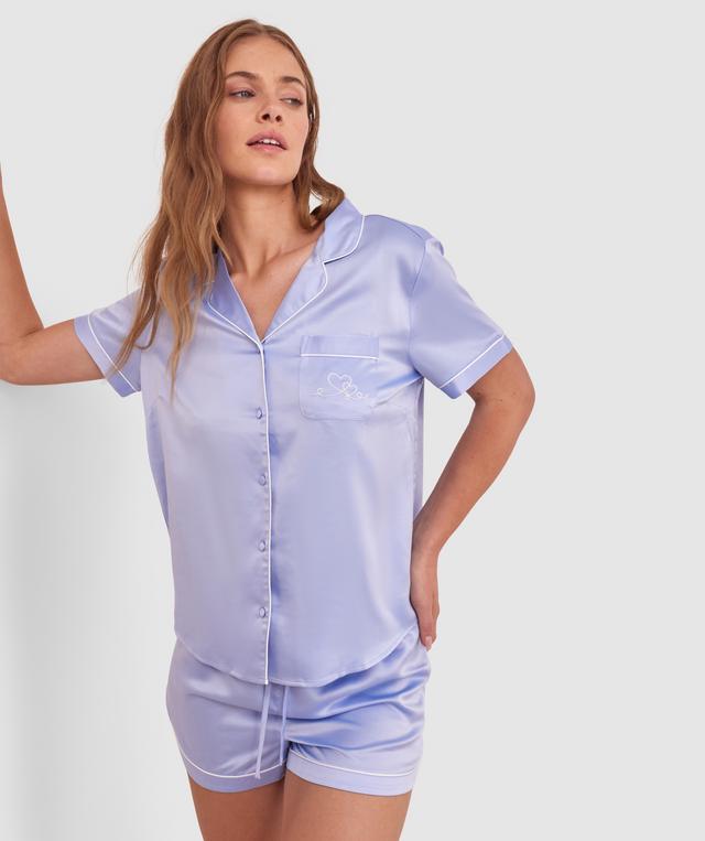 Liquid Satin Short Sleeve Shirt - Pale Blue/Embro