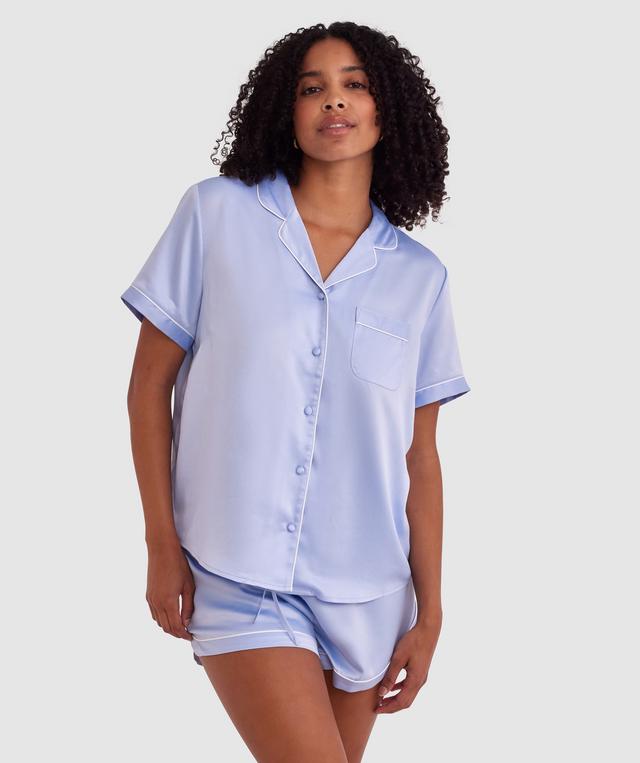 Liquid Satin Short Sleeve Shirt - Pale Blue/Ivory