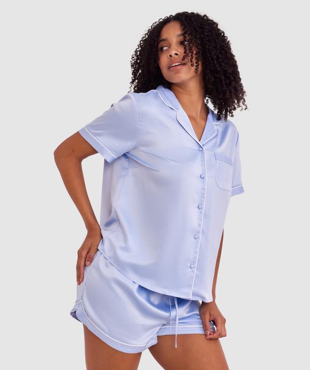 Liquid Satin Short Sleeve Shirt - Pale Blue/Ivory