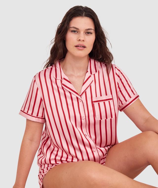 Liquid Satin Short Sleeve Shirt-Print Stripe