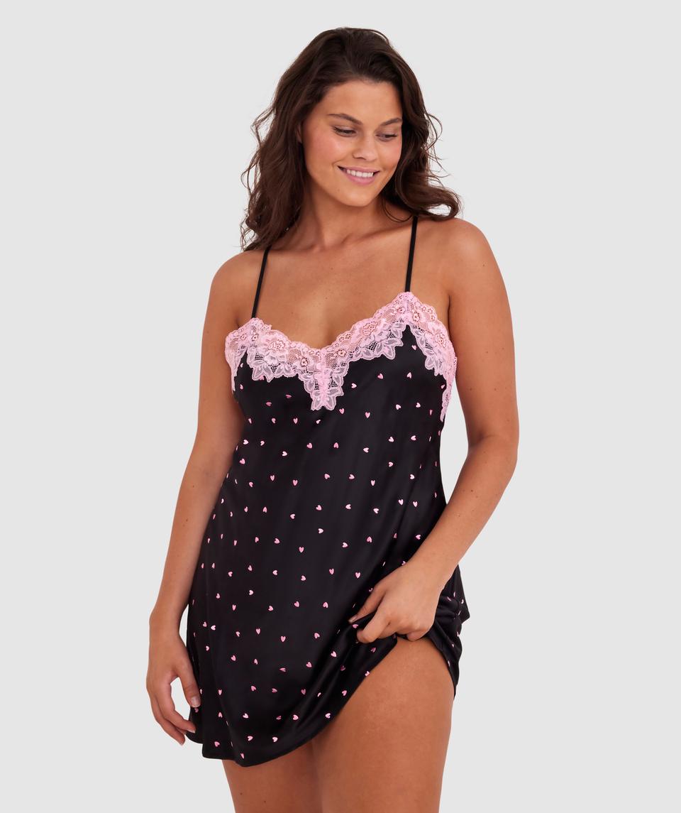 Angelica Hearts Short Slip - Black/Light Pink