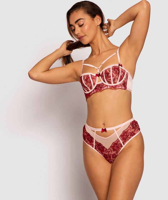 Enchanted Brescia High Waisted V String Knicker - Pale Pink/Dark Red