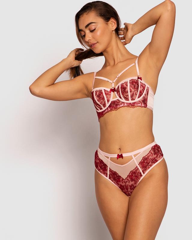Enchanted Brescia High Waisted V String Knicker - Pale Pink/Dark Red