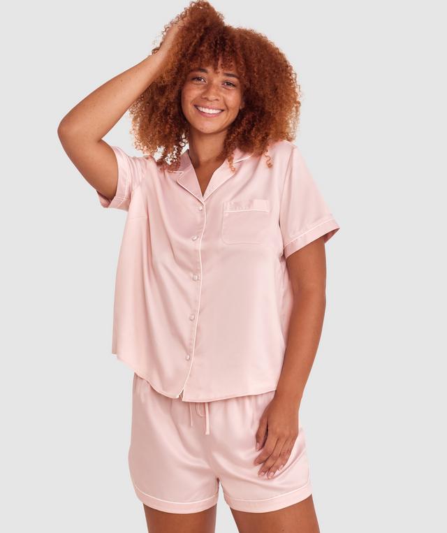 Liquid Satin Short Sleeve Shirt - Pale Pink/White