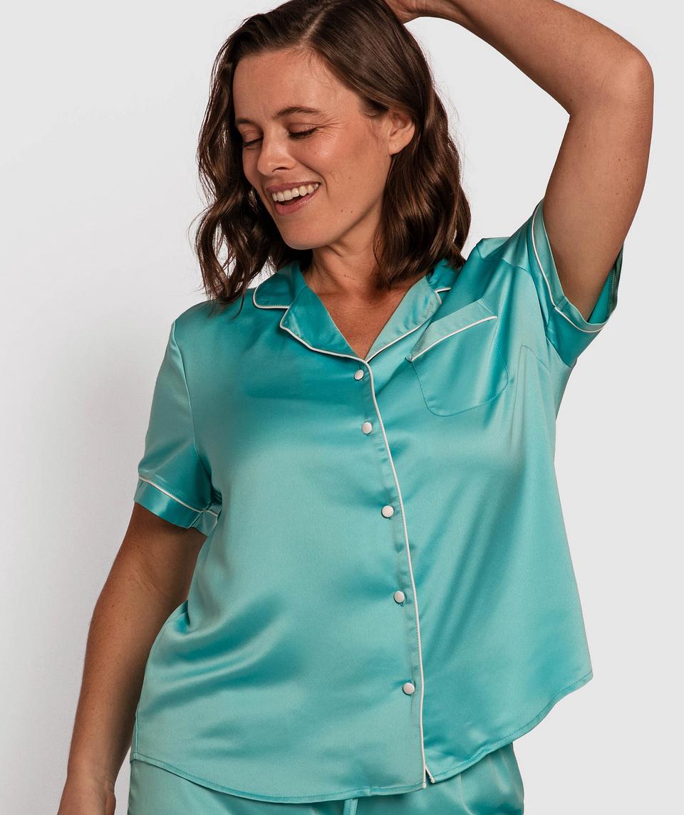 Liquid Satin Short Sleeve Top - Aqua