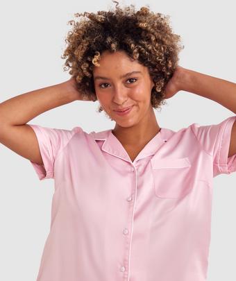 Liquid Satin Short Sleeve Top  - Light Pink