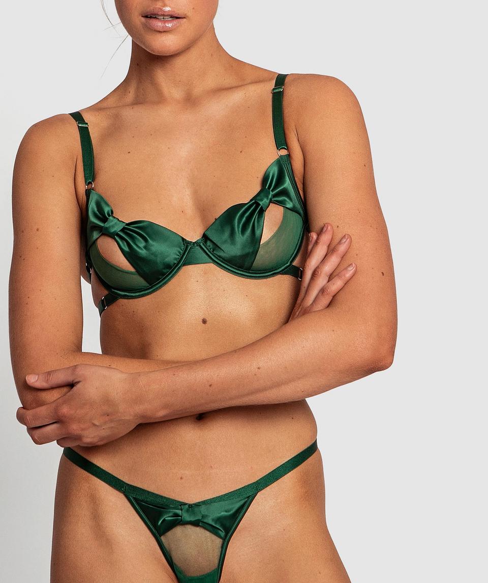 Night Games Bows Cupless Bra & Mini V Set - Dark Green