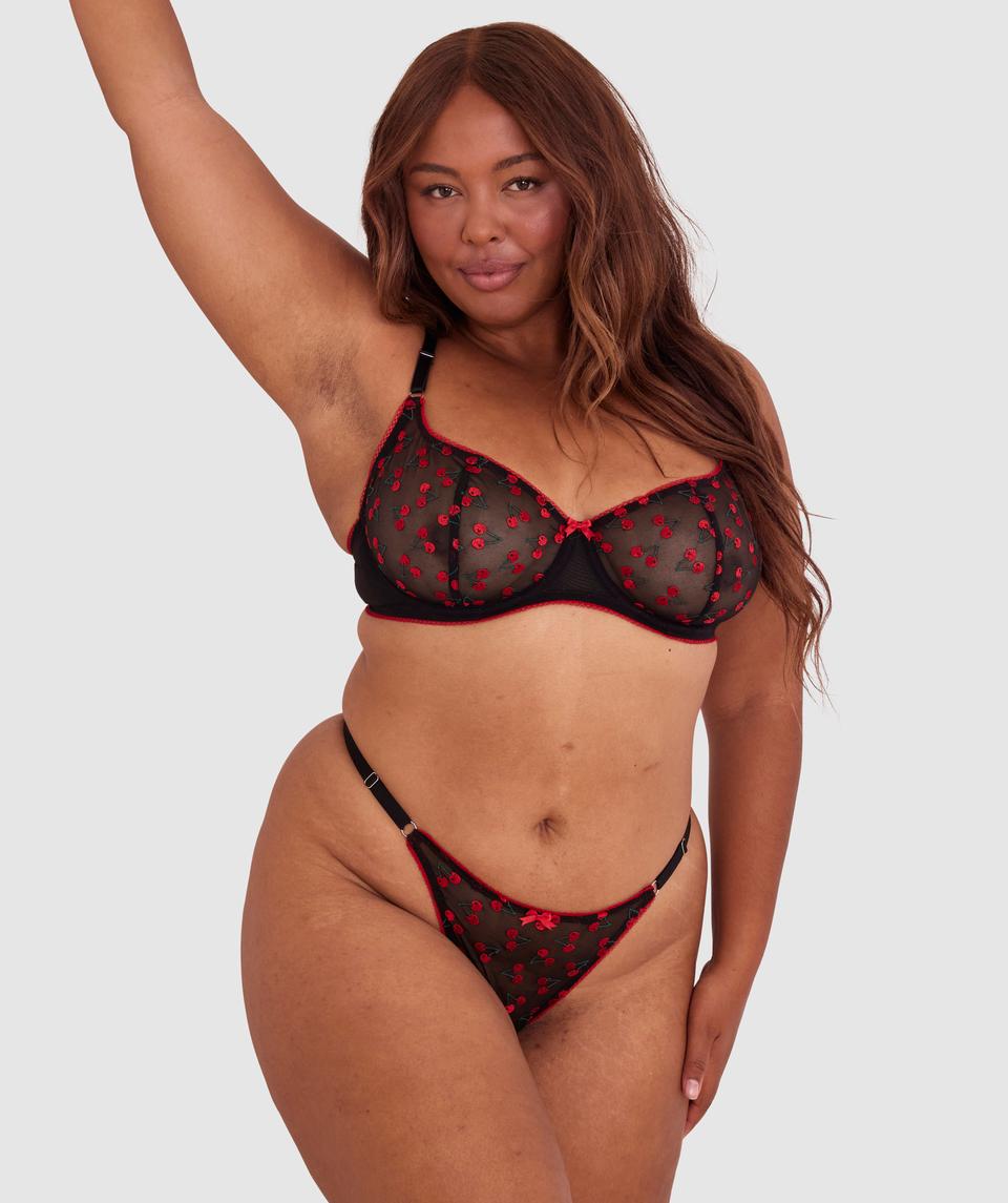 Night Games Cherry Pop Underwire & Mini V Set - Black