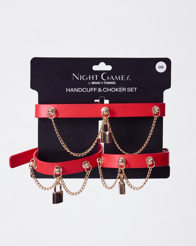 Night Games Love Lock Handcuffs & Choker Set - Red