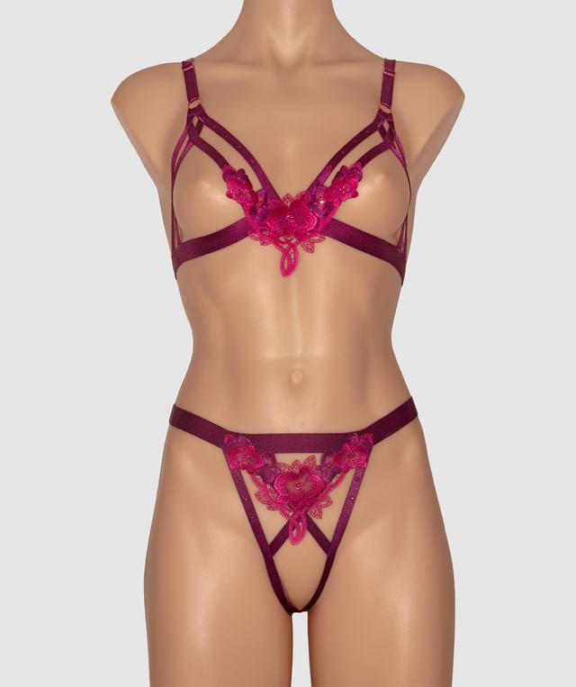 Night Games Orchid Bloom Crotchless & Cupless Set - Dark Purple