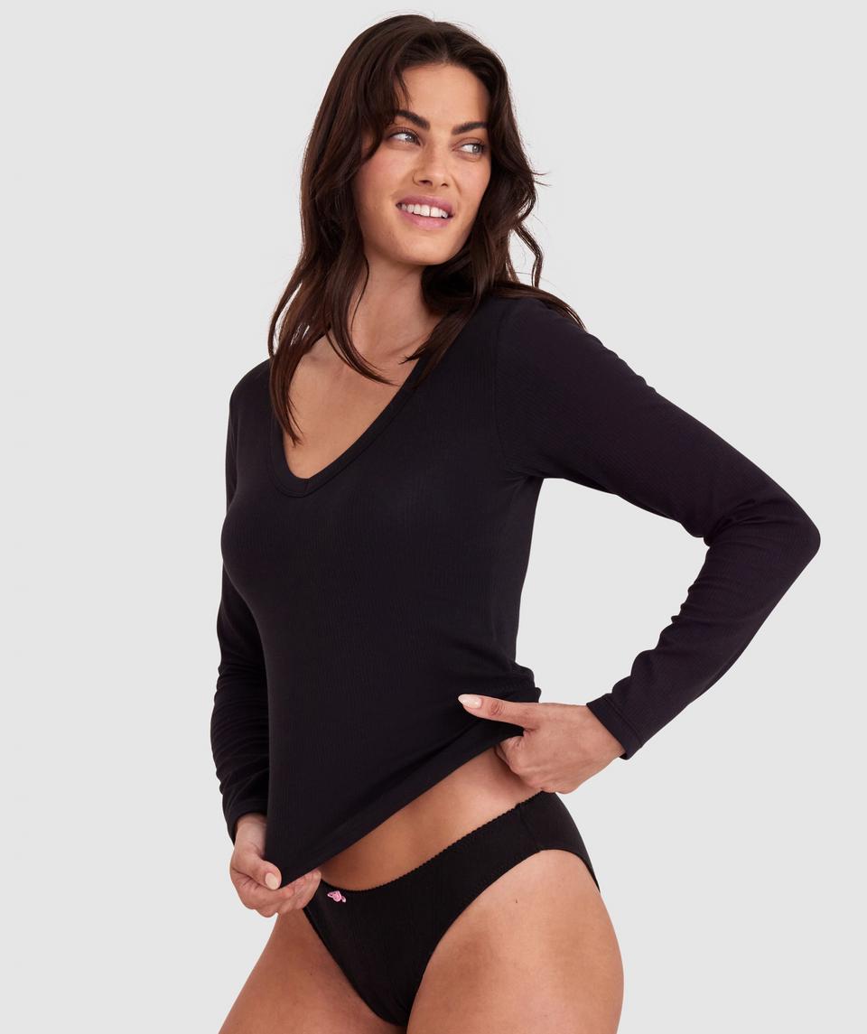Rib Long Sleeve with Shelf Bra - Black